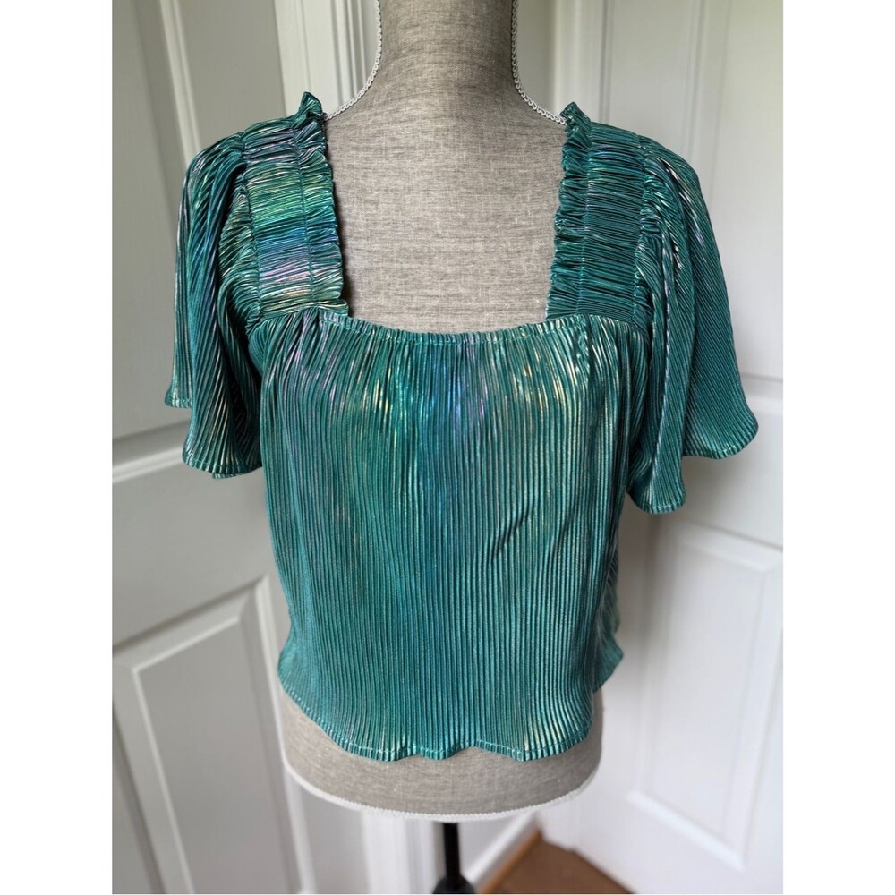 Queen of Sparkle Green Pleat Flutter Top Size Medium